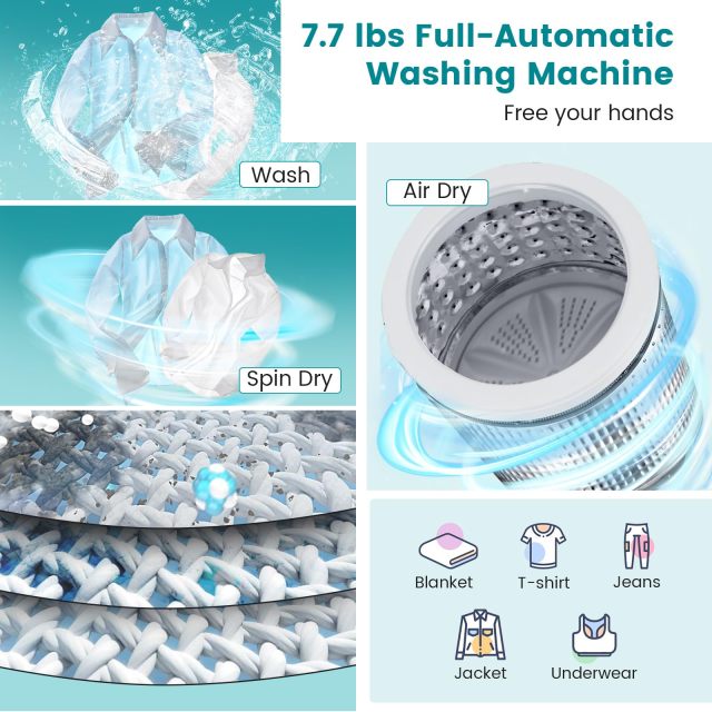 ARLIME 7.7 Lbs Portable Washing Machine, 0.78 Cu.ft Full Automatic Laundry Machine with 10 Preset Programs