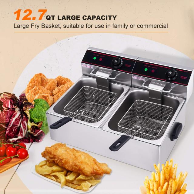 ARLIME Commercial Deep Fryer 2 x 5.8QT/5.5L , 3400W Countertop Electric Fryers w/2 Baskets, Lids and Temperature Control