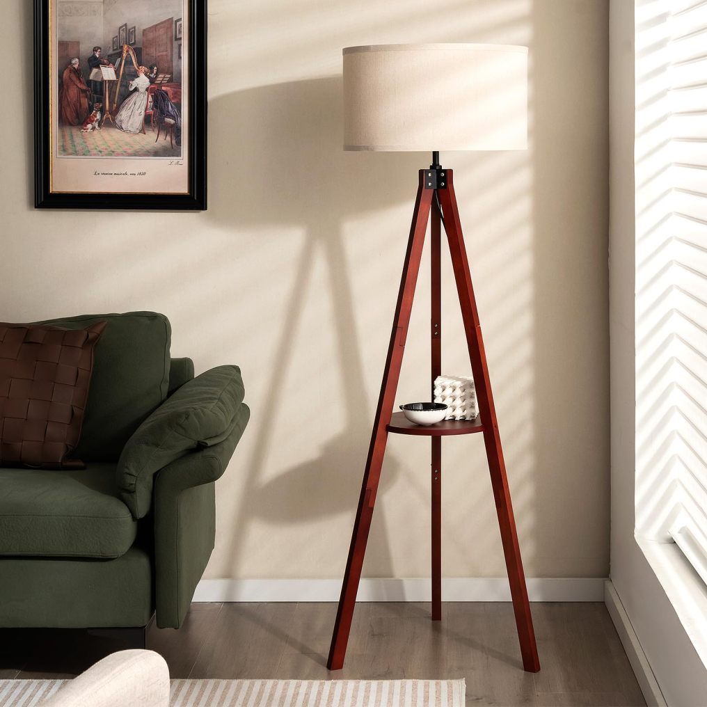ARLIME Tripod Floor Lamp, Mid Century Wood Standing Lamp with Storage Shelves