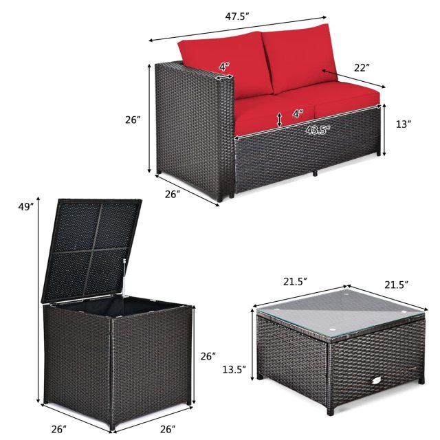 4-Piece Outdoor Patio Furniture Set Rattan Loveseat with Cushions