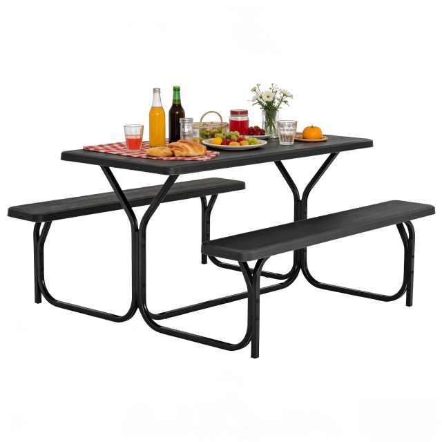 Arlime Outdoor Picnic Table | HDPE Plastic Picnic Table Bench Set with Weather Resistant Tabletop & Wood Texture