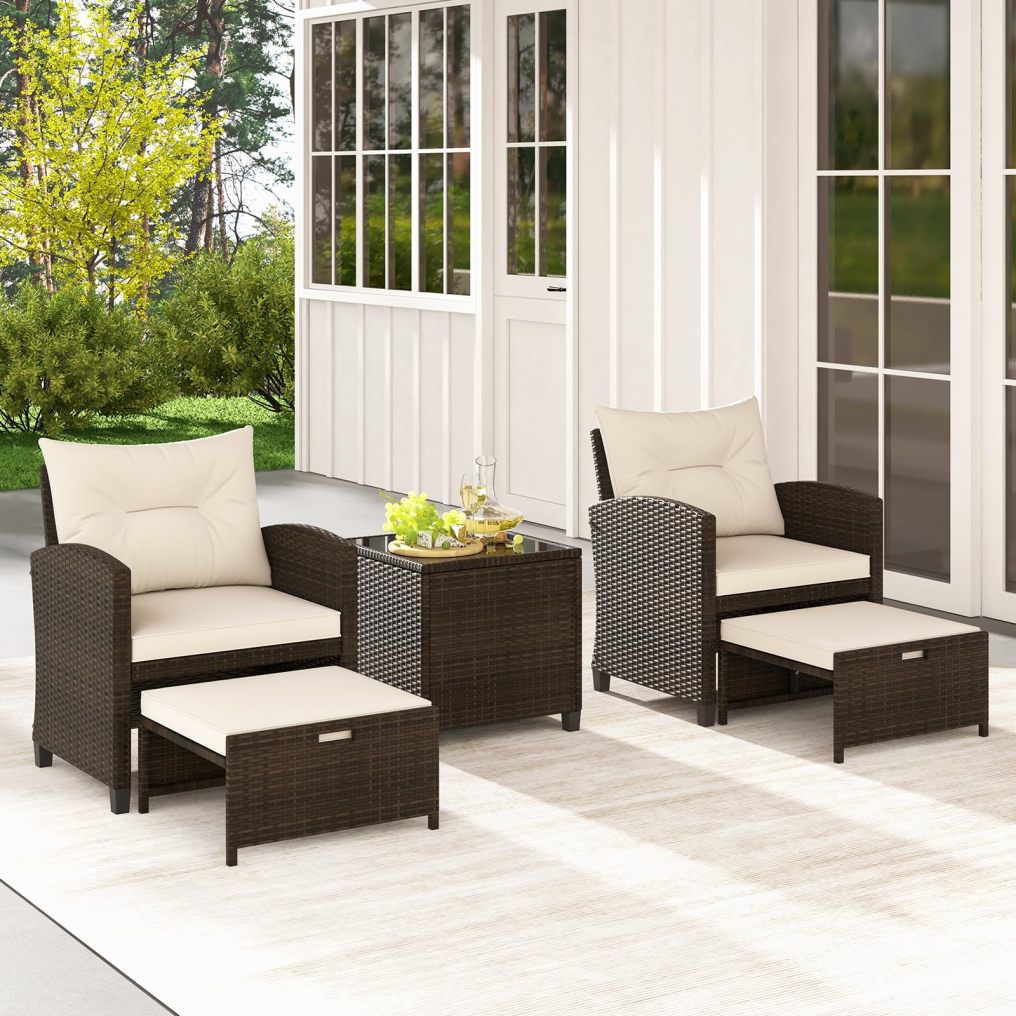 Arlime 5-Piece Rattan Conversation Set | Outdoor Wicker Sofa, Tempered Glass Coffee Table & Ottomans