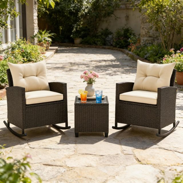 Arlime 3 Pieces PE Wicker Patio Rocking Bistro Set