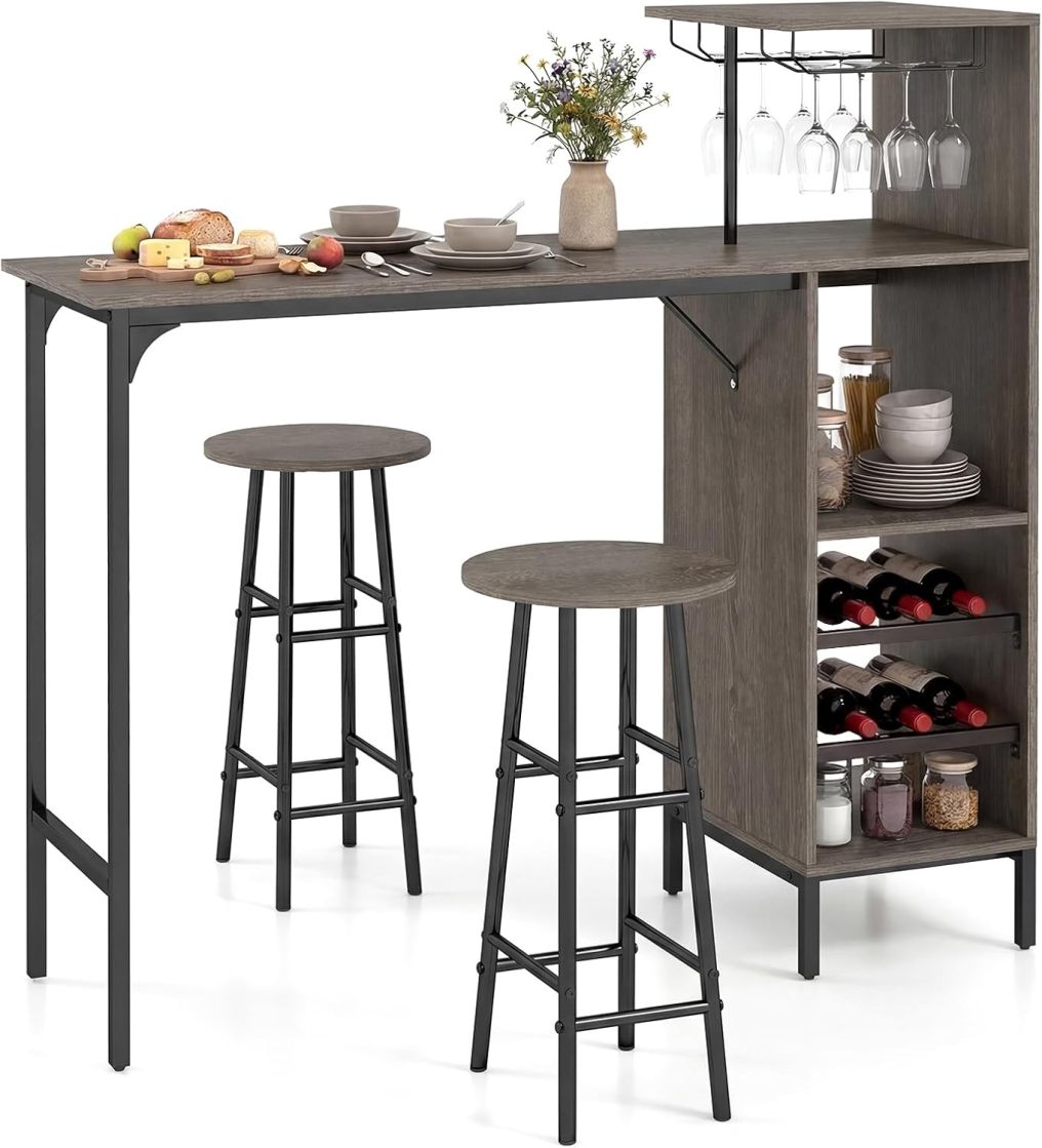 Arlime 3 Pieces Industrial Pub Table & Stools with Wine Glass Holders & 6-Bottle Wine Racks