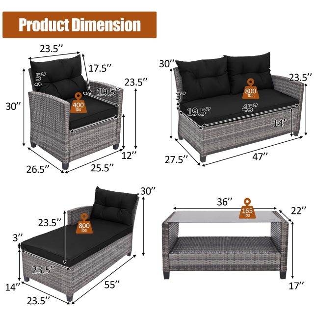 4-Piece Patio Rattan Furniture Set Outdoor Sofa Chairs with Cushion