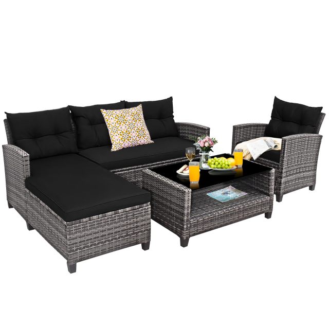 4-Piece Patio Rattan Furniture Set Outdoor Sofa Chairs with Cushion