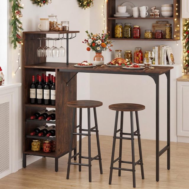 Arlime 3 Pieces Industrial Pub Table & Stools with Wine Glass Holders & 6-Bottle Wine Racks