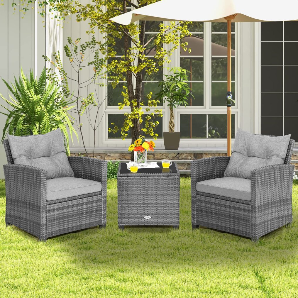 3 Piece Patio Furniture Set with Cushions for Poolside Backyard Balcony