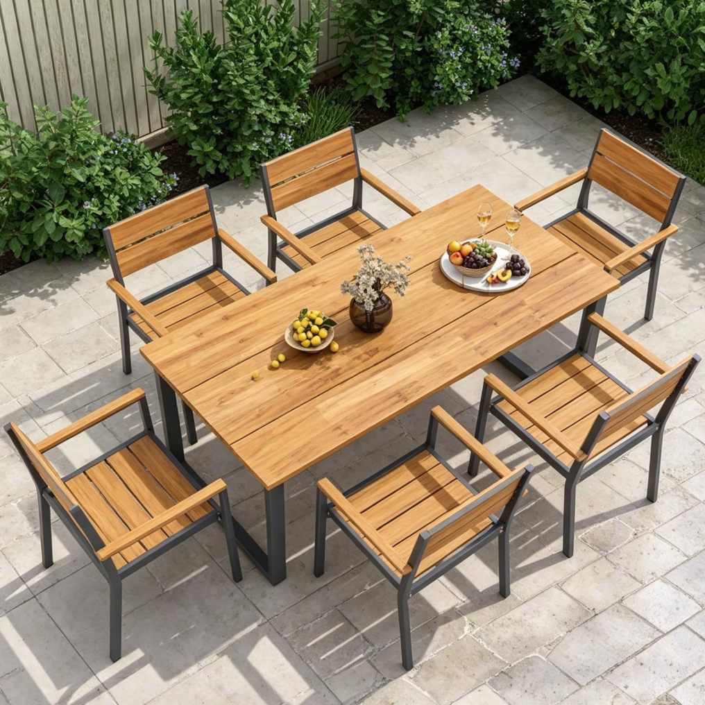 Outdoor Dining Set for 6 69’’ x 32’’ Acacia Wood & Metal Patio Dining Table