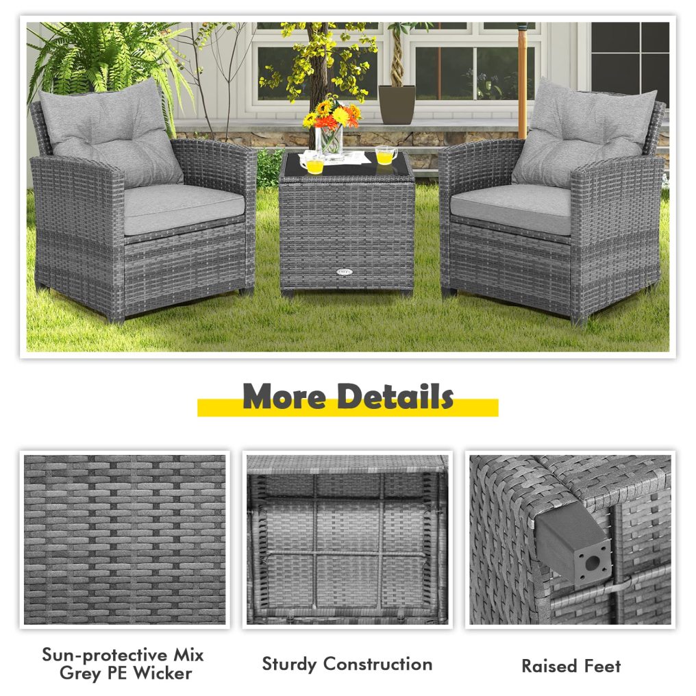 3 Piece Patio Furniture Set with Cushions for Poolside Backyard Balcony