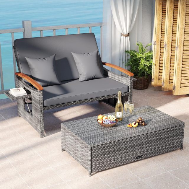 Arlime Patio Rattan Daybed | Outdoor Loveseat Sofa with 4-Level Adjustable Backrest