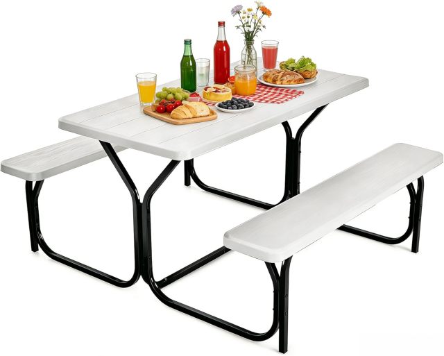 Arlime Outdoor Picnic Table | HDPE Plastic Picnic Table Bench Set with Weather Resistant Tabletop & Wood Texture