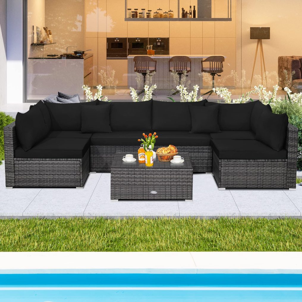 7-Piece Outdoor Patio Furniture Set Rattan Sectional Sofa Set