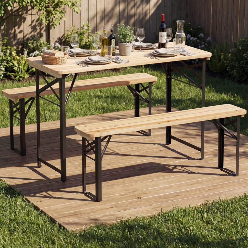 Arlime Foldable Long Narrow Picnic Table Wooden Beer Table Metal Frame (4ft/5.8ft)