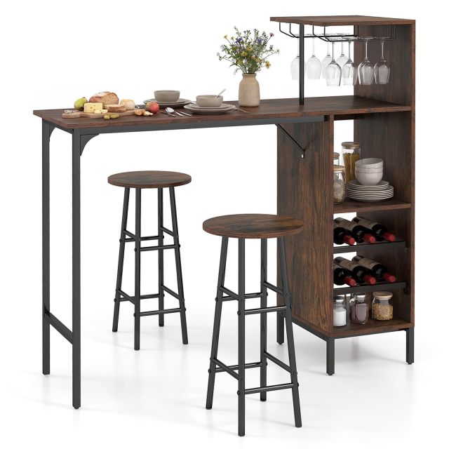 Arlime 3 Pieces Industrial Pub Table & Stools with Wine Glass Holders & 6-Bottle Wine Racks