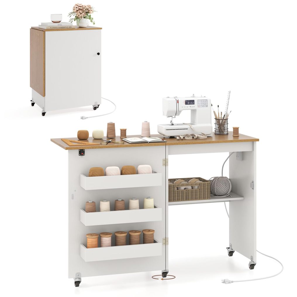 Sewing Machine Table with Charging Station and Lockable Casters
