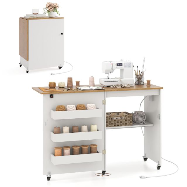 Sewing Machine Table with Charging Station and Lockable Casters
