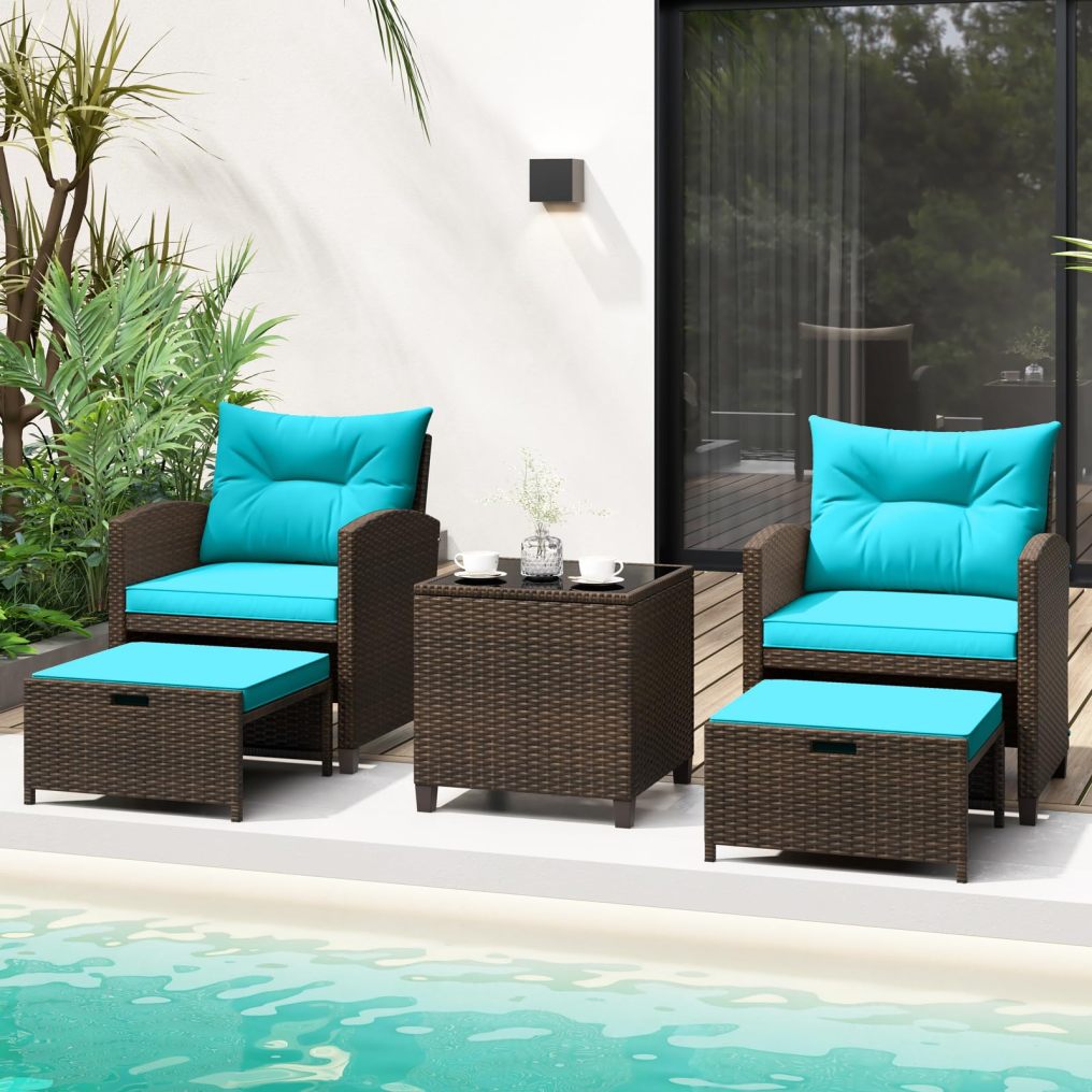 5-Piece Rattan Conversation Set | Outdoor Wicker Sofa & Tempered Glass Coffee Table & Ottomans