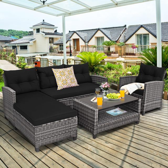 4-Piece Patio Rattan Furniture Set Outdoor Sofa Chairs with Cushion