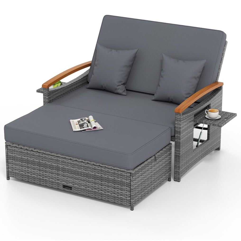 Arlime Patio Rattan Daybed | Outdoor Loveseat Sofa with 4-Level Adjustable Backrest
