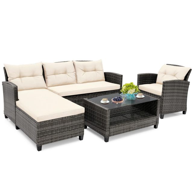 4-Piece Patio Rattan Furniture Set Outdoor Sofa Chairs with Cushion