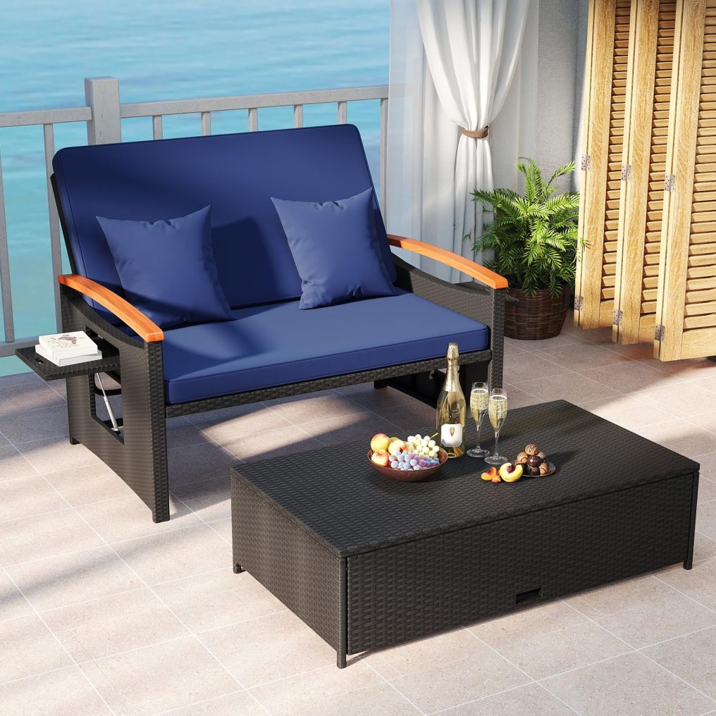 Arlime Patio Rattan Daybed | Outdoor Loveseat Sofa with Storage Ottoman