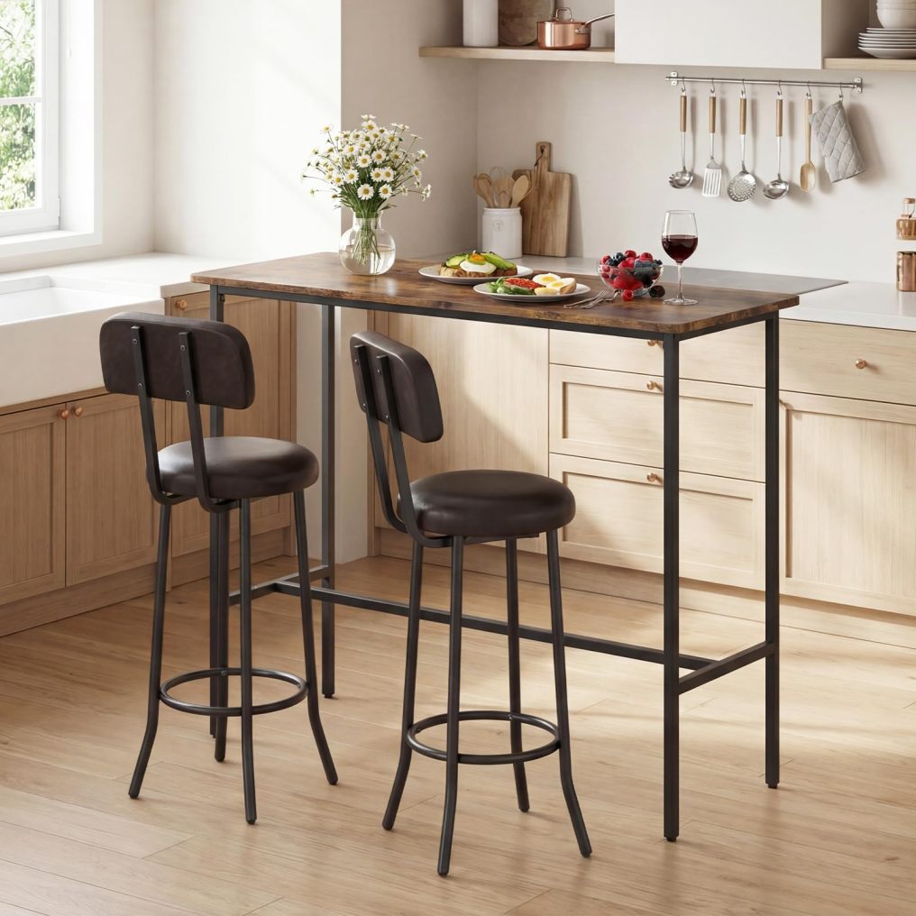 3-Piece Industrial Bar Table Set with 2 Upholstered Stools & Footrests