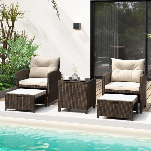 Arlime 5-Piece Rattan Conversation Set | Outdoor Wicker Sofa, Tempered Glass Coffee Table & Ottomans