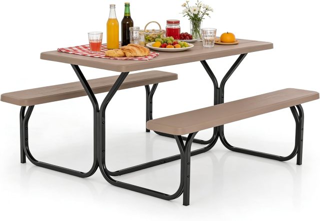 Arlime Outdoor Picnic Table | HDPE Plastic Picnic Table Bench Set with Weather Resistant Tabletop & Wood Texture