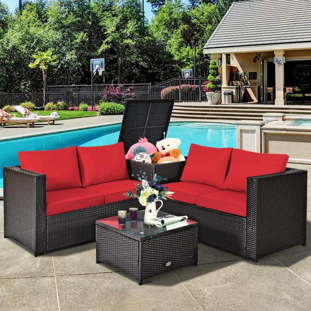4-Piece Outdoor Patio Furniture Set Rattan Loveseat with Cushions