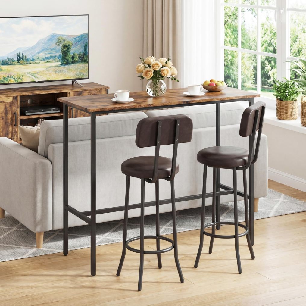 3-Piece Industrial Bar Table Set with 2 Upholstered Stools & Footrests