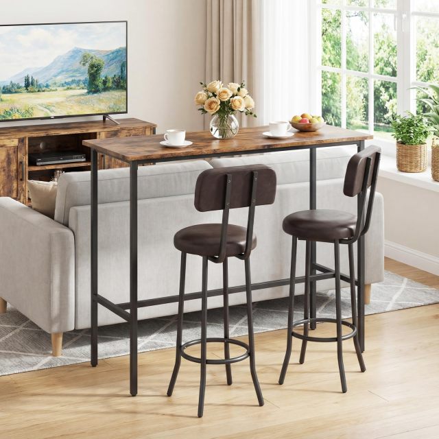3-Piece Industrial Bar Table Set with 2 Upholstered Stools & Footrests