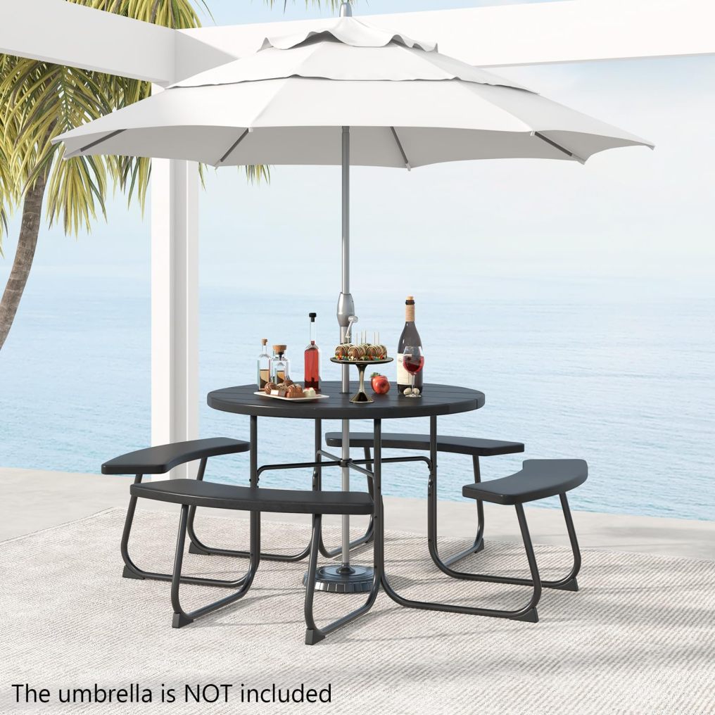 Arlime Round Picnic Table with Umbrella Hole HDPE Tabletop