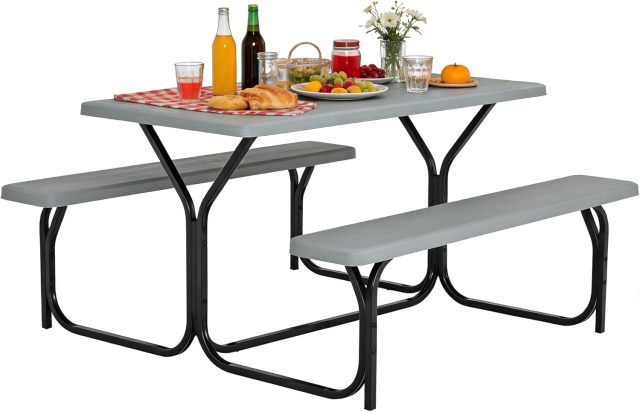 Arlime Outdoor Picnic Table | HDPE Plastic Picnic Table Bench Set with Weather Resistant Tabletop & Wood Texture