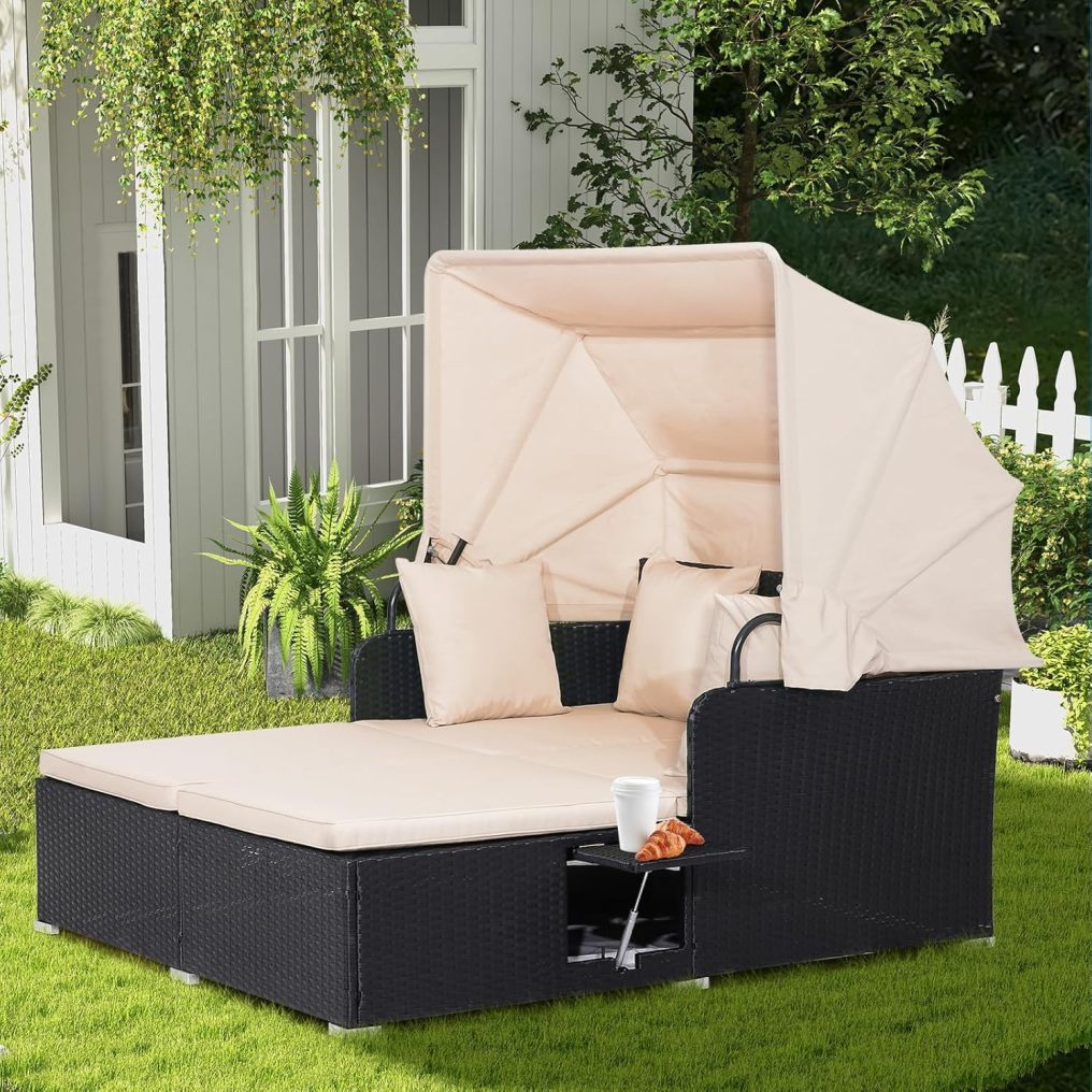 Outdoor Daybed with Retractable Canopy for Deck