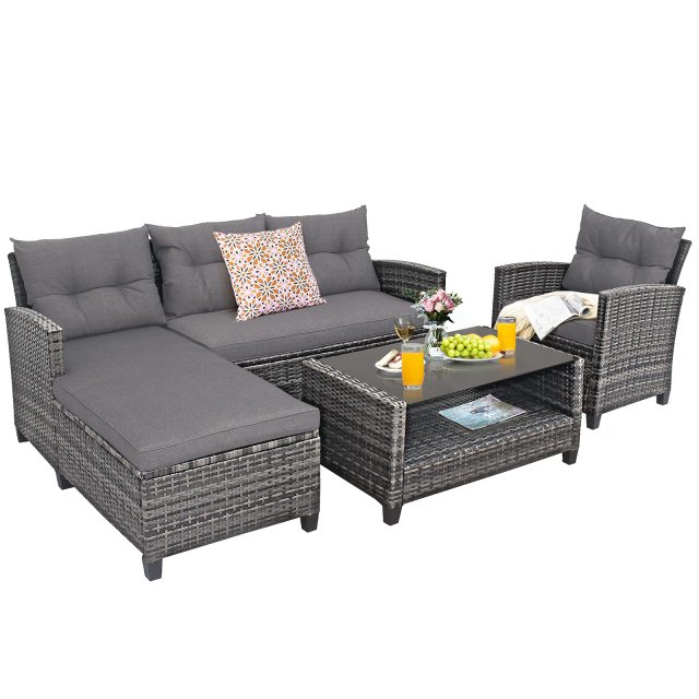 4-Piece Patio Rattan Furniture Set Outdoor Sofa Chairs with Cushion