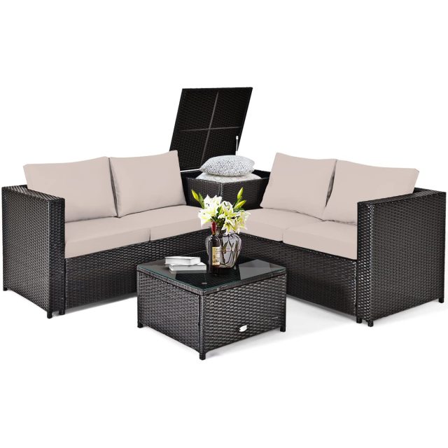 4-Piece Outdoor Patio Furniture Set Rattan Loveseat with Cushions