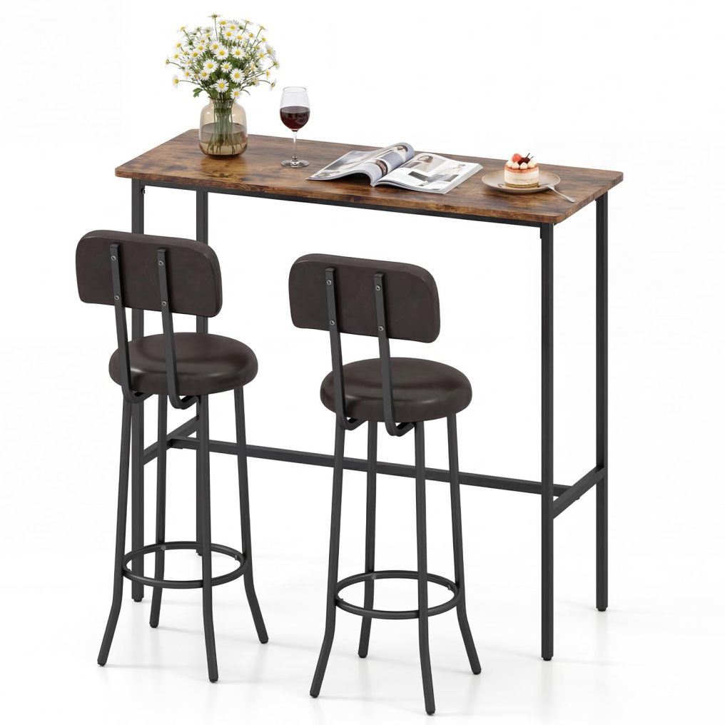 3-Piece Industrial Bar Table Set with 2 Upholstered Stools & Footrests