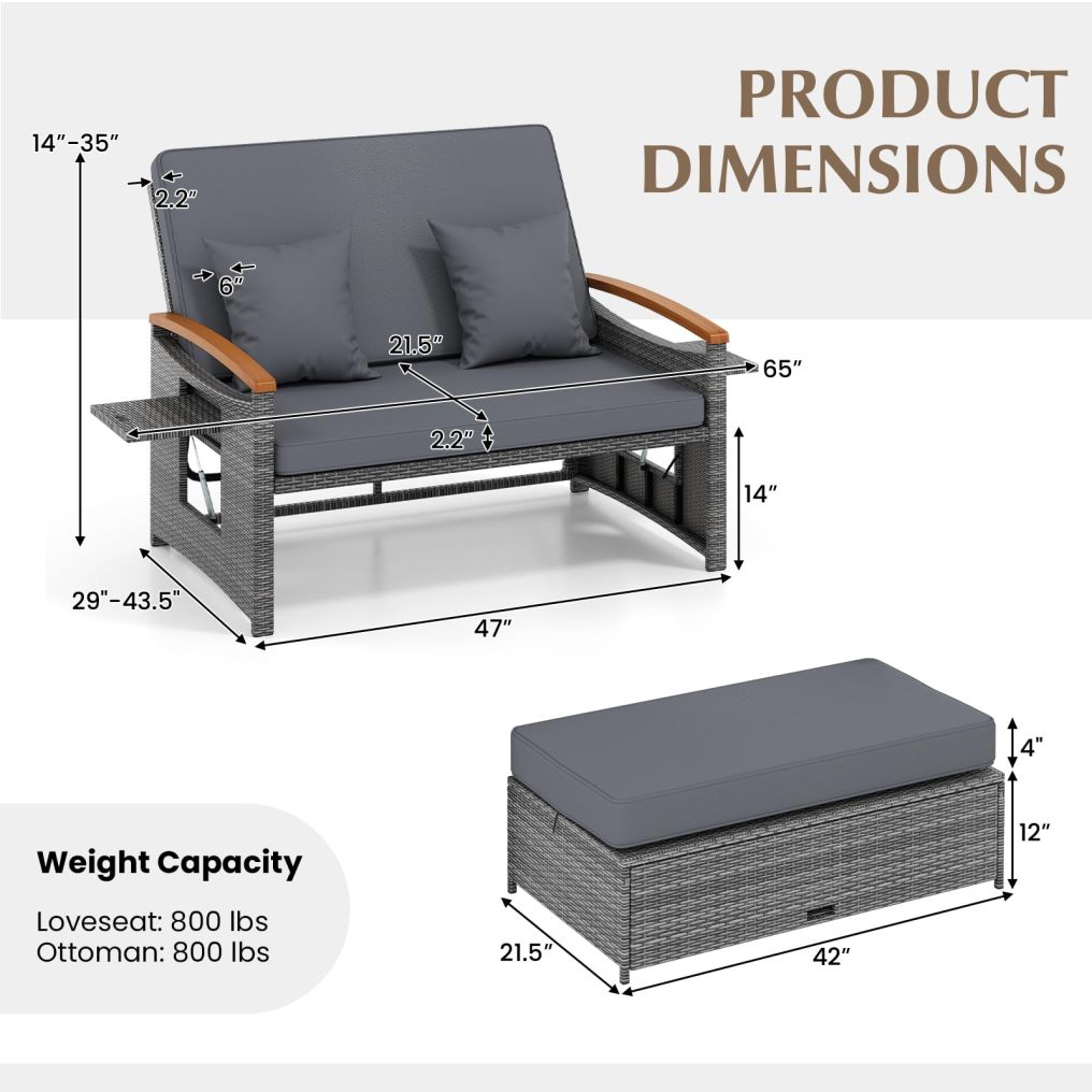 Arlime Patio Rattan Daybed | Outdoor Loveseat Sofa with 4-Level Adjustable Backrest