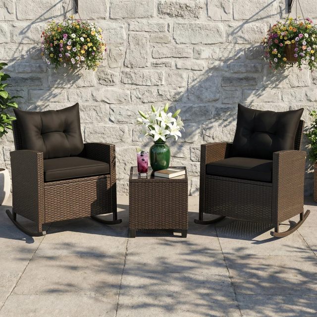 Arlime 3 Pieces PE Wicker Patio Rocking Bistro Set
