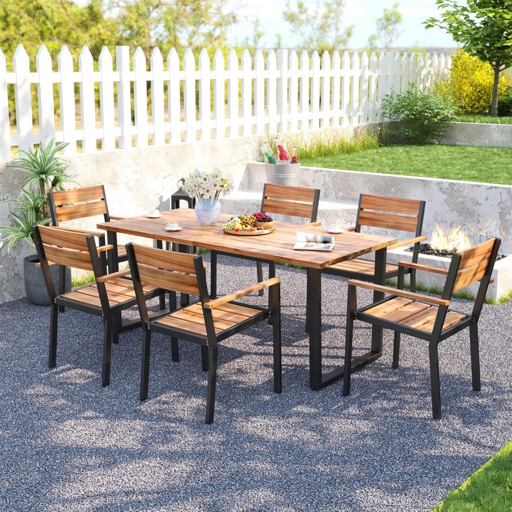 Outdoor Dining Set for 6 69’’ x 32’’ Acacia Wood & Metal Patio Dining Table