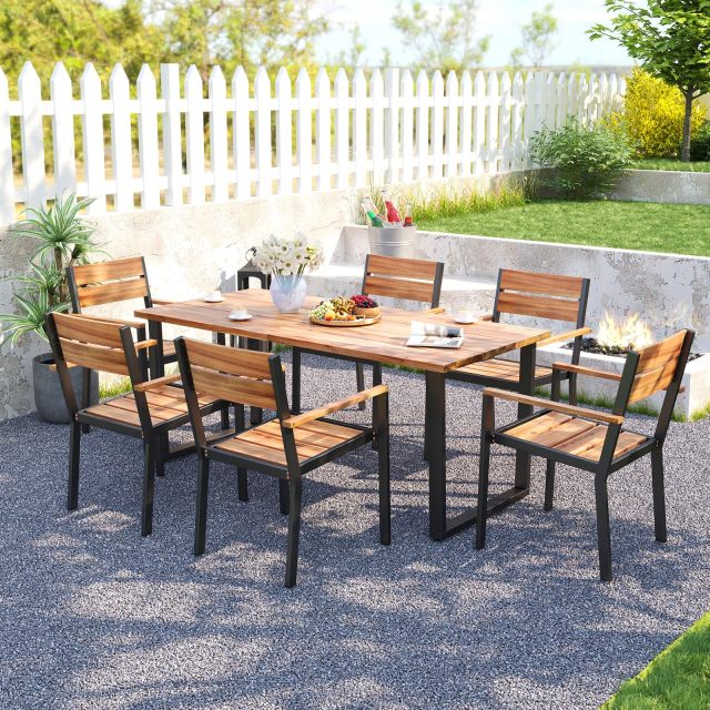 Outdoor Dining Set for 6 69’’ x 32’’ Acacia Wood & Metal Patio Dining Table