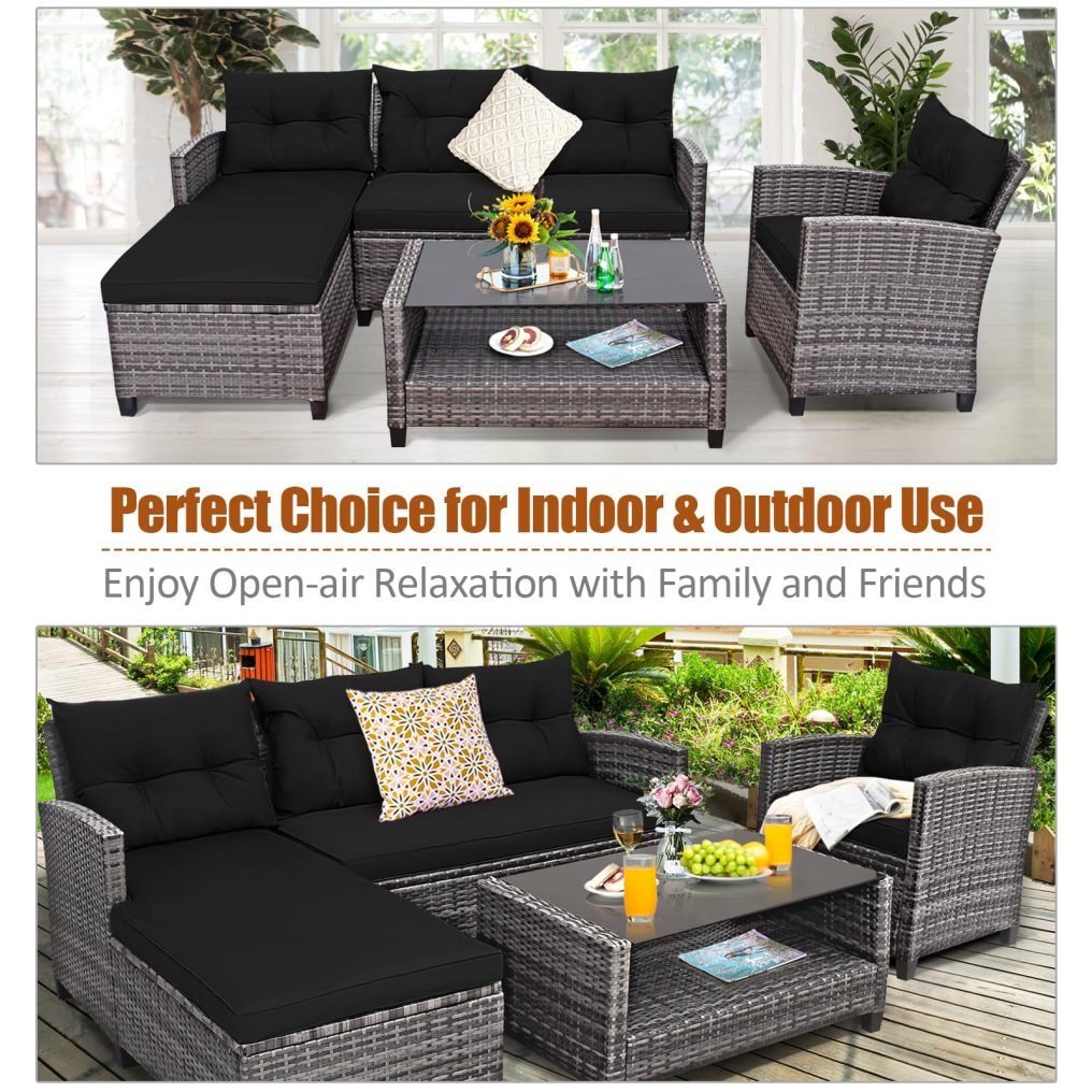 4-Piece Patio Rattan Furniture Set Outdoor Sofa Chairs with Cushion
