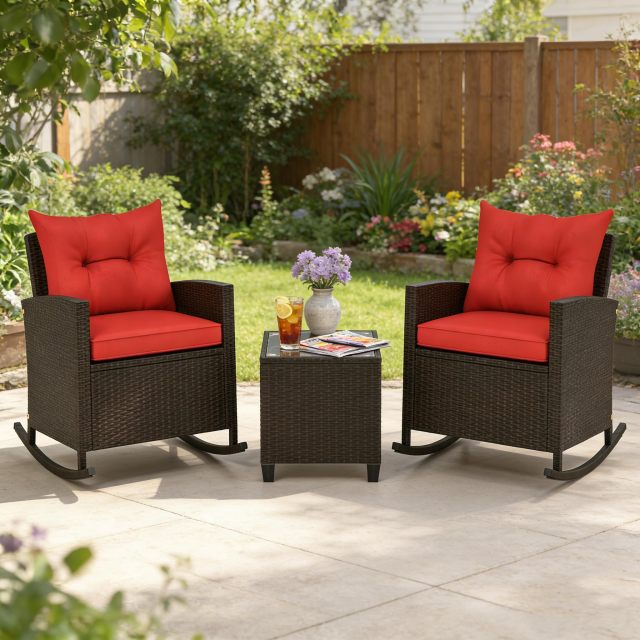 Arlime 3 Pieces PE Wicker Patio Rocking Bistro Set