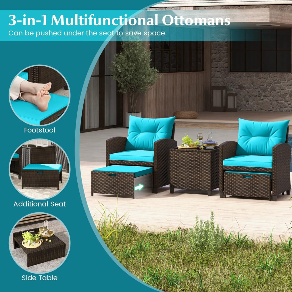 5-Piece Rattan Conversation Set | Outdoor Wicker Sofa & Tempered Glass Coffee Table & Ottomans