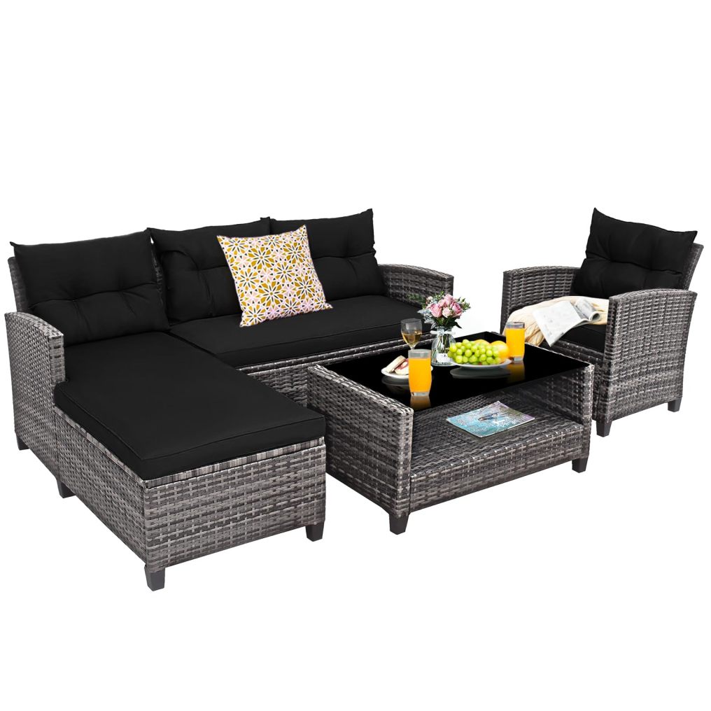 4-Piece Patio Rattan Furniture Set Outdoor Sofa Chairs with Cushion