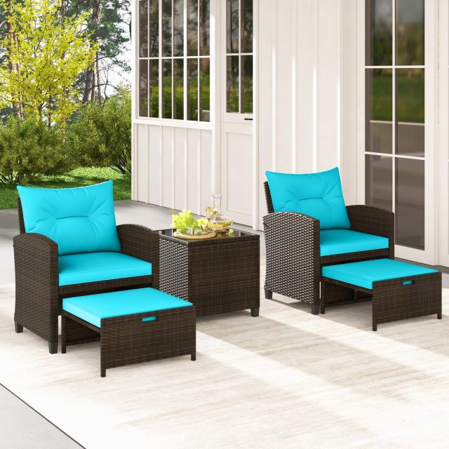5-Piece Rattan Conversation Set | Outdoor Wicker Sofa & Tempered Glass Coffee Table & Ottomans
