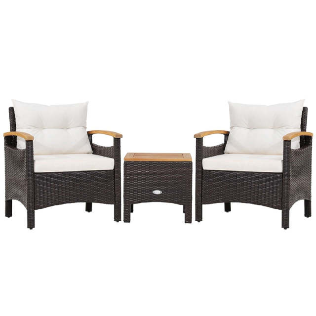 3PCS Patio Rattan Conversation Set Wicker Furniture Set with Cushioned Chairs, Acacia Wood Armrest & Table Top