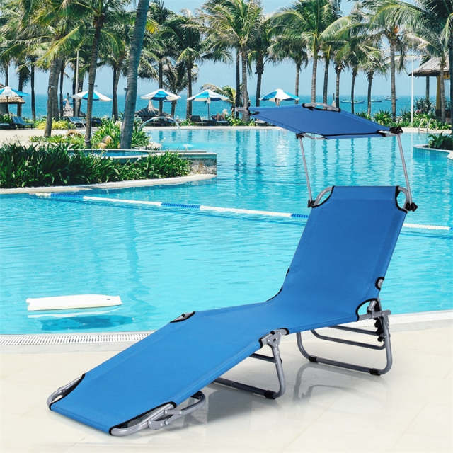 Folding Beach Lounge Chair, Outdoor Sun Lounger with Canopy, Adjustable Backrest & Side Pocket, Portable Tanning Chair with for Patio, Poolside