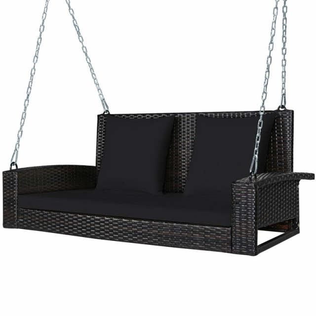 2-Person Wicker Patio Swing Bench with Removable Cushions & Reinforced Steel Chain, 800lbs Capacity Rattan Porch Swing for Backyard, Garden